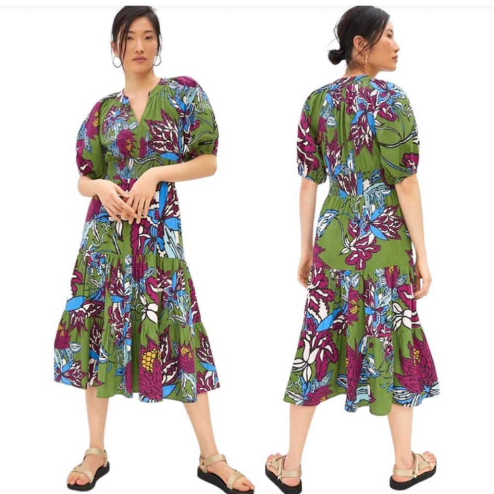 Green Floral Midi Dress with Puff Sleeves - Picture 16 of 16